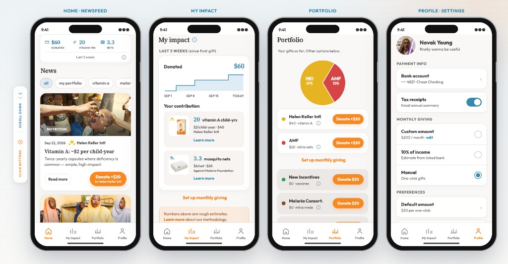 Ideal layout: four phone screens side by side — Home, My Impact, Portfolio, and Profile